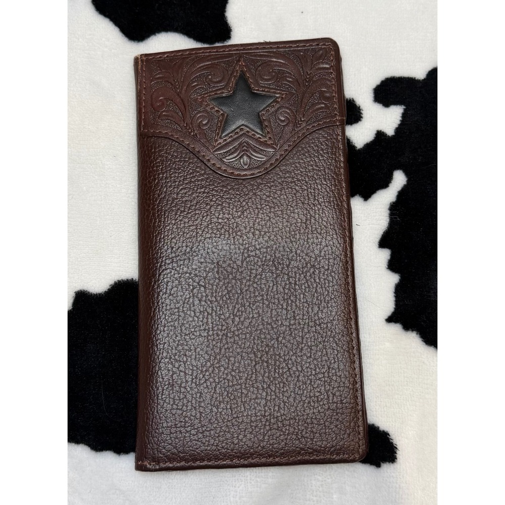 Wrangler Mens Brown Leather Western Star Tooled Long Checkbook Wallet